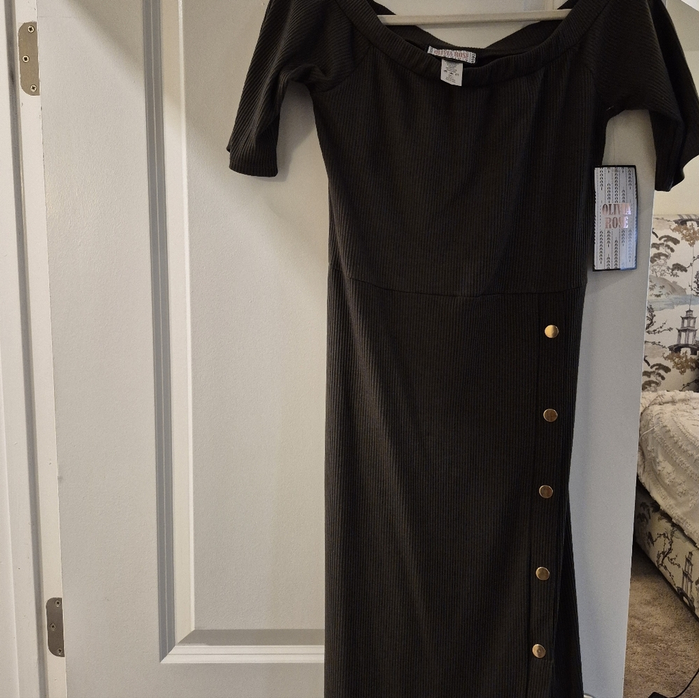 New!!! Army Green Off Shoulder Dress with Gold Accents